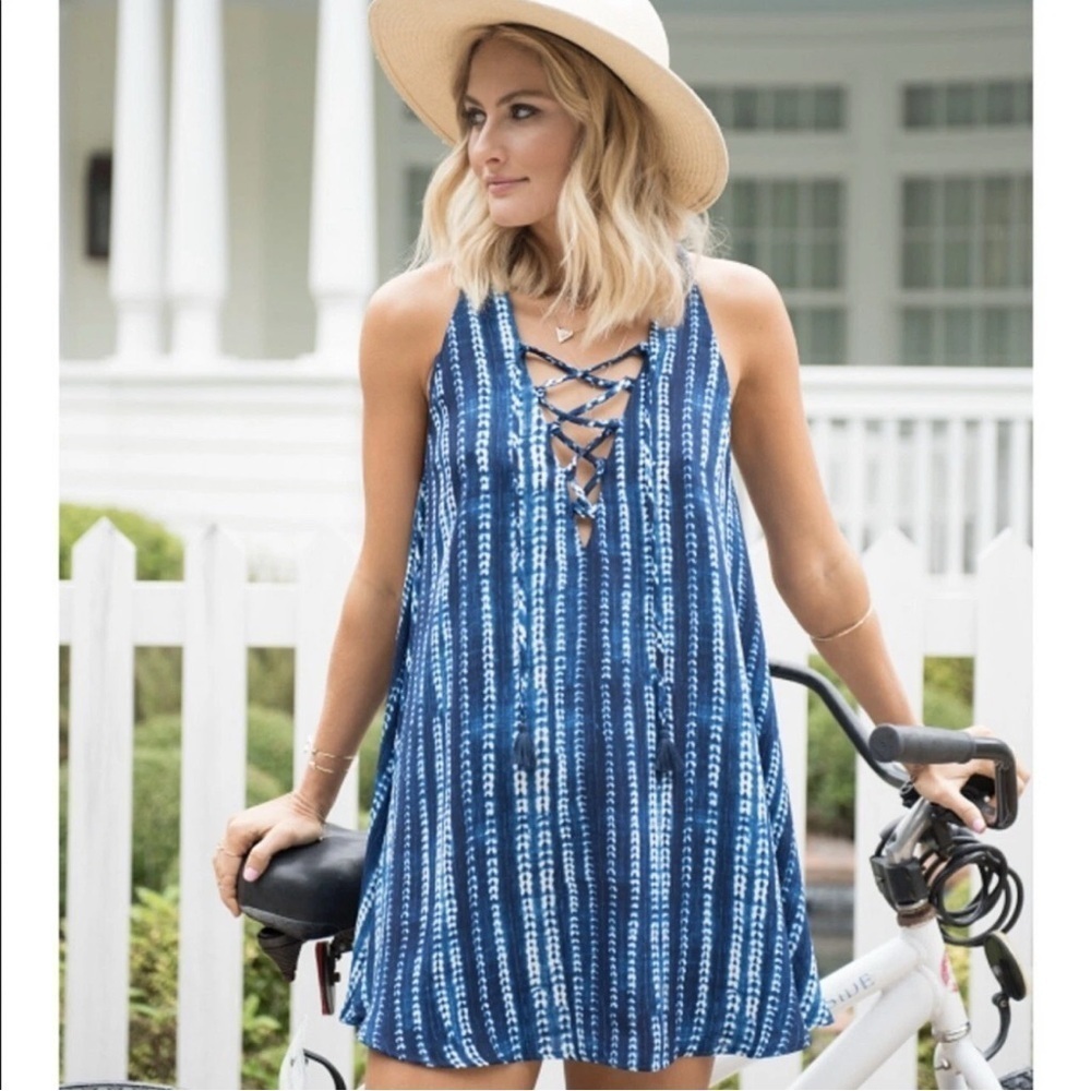 Show Me Your Mumu Blue Tie-Dye Lace Up Mini Dress - Size Medium